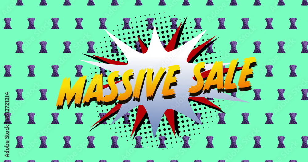 Poster image of massive sale text over retro vibrant pattern background