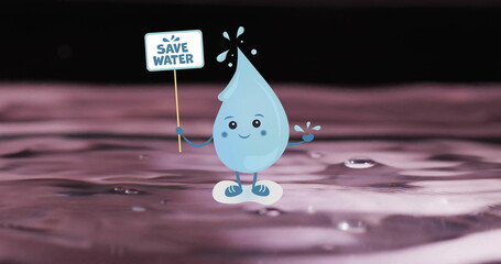 Image of save water text on sign held by water droplet on water background