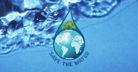 Image of save water text and globe in water droplet on blue background