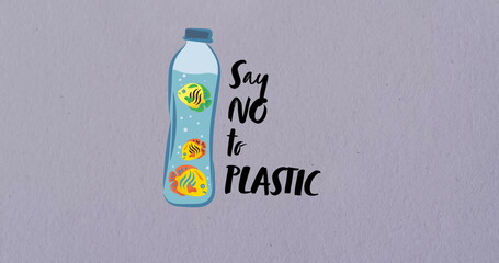 Image of say no to plastic text on plastic bottle on water droplets on grey background