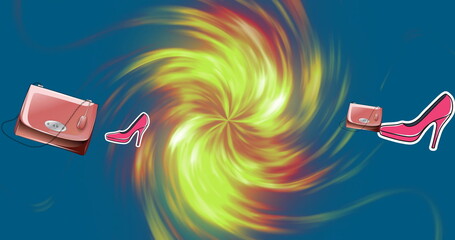 Image of pink high heels and matching purses are swirling into colorful vortex