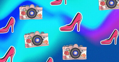 Image of cameras and high heels repeating across vibrant background