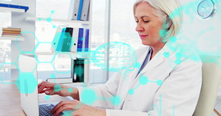 Image of medical data processing over caucasian female senior doctor using laptop at hospital