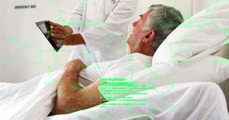 Image of data processing over mid section of a doctor wth tablet discussing with senior patient