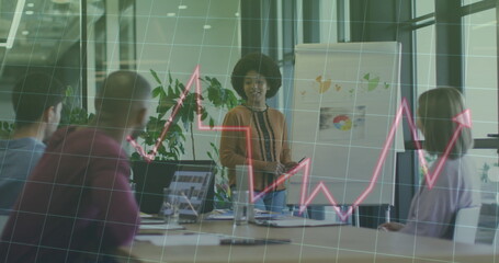 Image of financial data processing over diverse business people in office