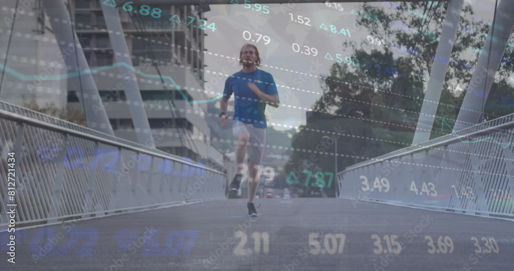 Poster image of financial data processing over caucasian man running