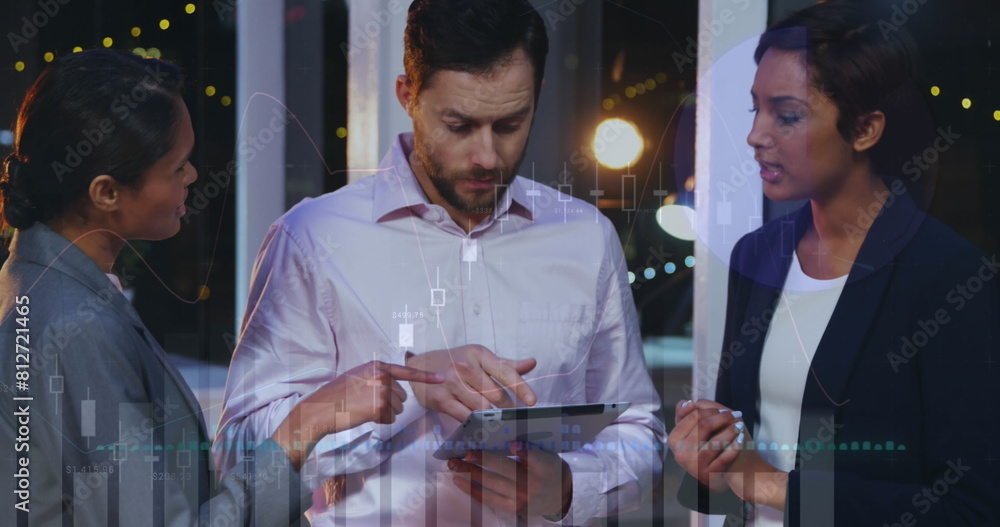 Poster image of multiple graphs over diverse coworkers discussing reports on digital tablet in office