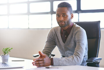 Creative, black man and portrait by window in office of designer agency for work as publicist for...