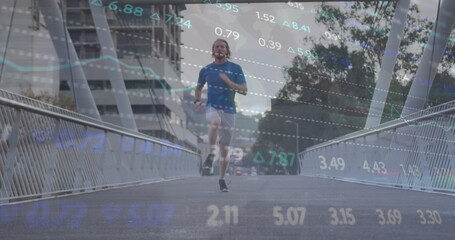Image of financial data processing over caucasian man running