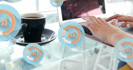 Image of multiple graph icon in circles over coffee cup and caucasian woman working on laptop