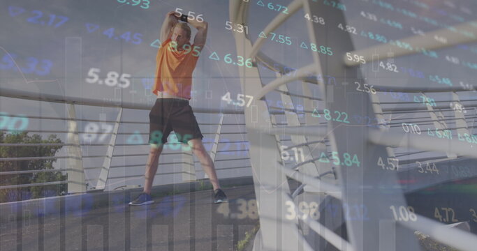 Image of financial data processing over caucasian man stretching - Powered by Adobe