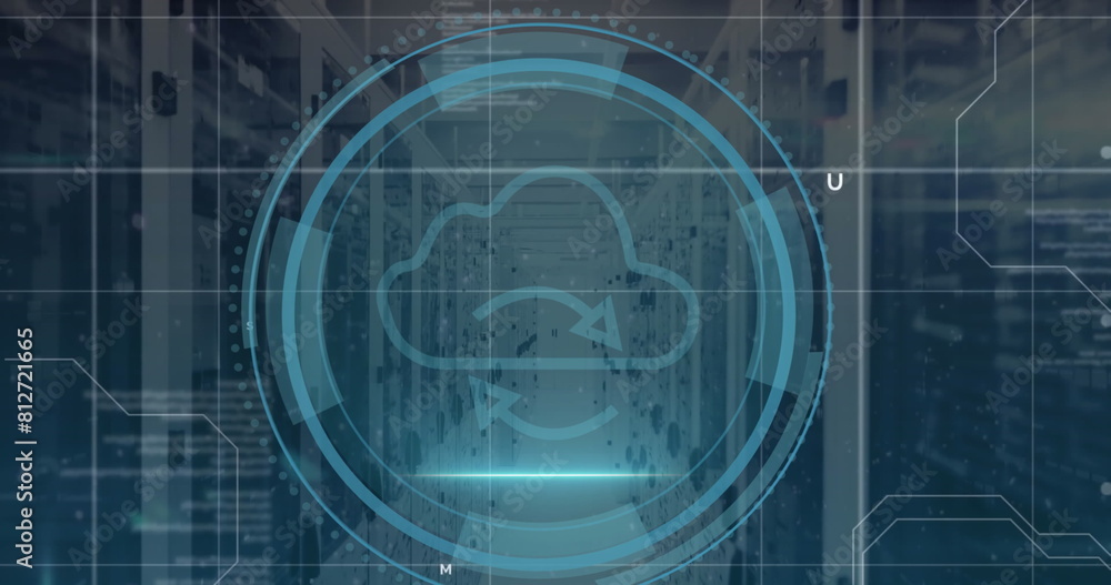 Poster image of cloud icon and data processing over computer servers