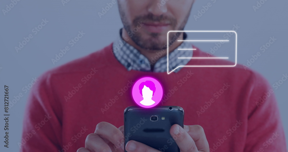 Poster image of neon profile and message icon against mid section of caucasian man using a smartphone