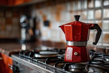 Close up of a red and silver moka pot on a gas stove against a kitchen background. - obrazy, fototapety, plakaty