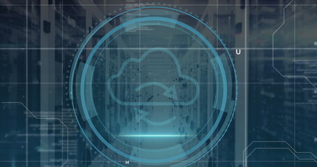 Image of cloud icon and data processing over computer servers