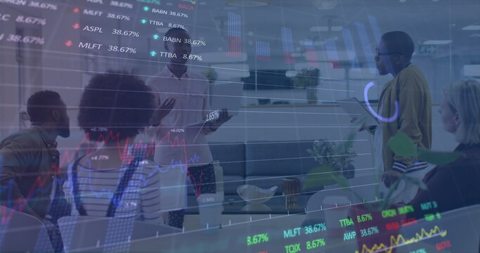 Image of stock market data processing over diverse colleagues discussing together at office