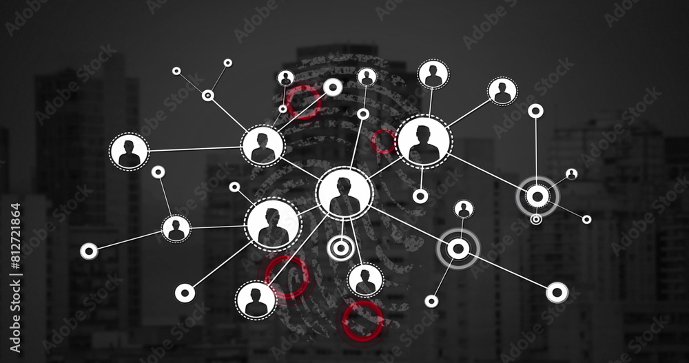Poster image of data processing and network of connections over biometric fingerprint