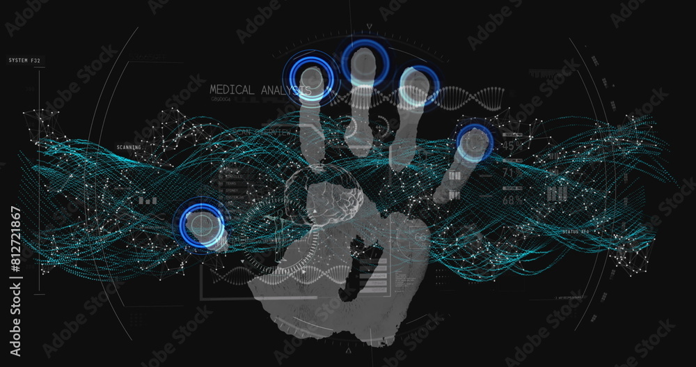 Aufkleber image of data processing and dna strand spinning over biometric handprint