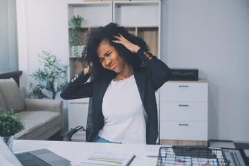 Overworked businesswoman stress from work or upset after finishing meeting. Emotional pressure,...