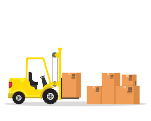 forklift truck is lifting large boxes. Logistics delivery, warehouse and storage equipment flat style vector illustration