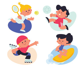 Set of children do different forms of activity, poster, entertainment, sports, pastime, good mood. Kids immersed in diverse activities, creative pastimes, joyful atmosphere.