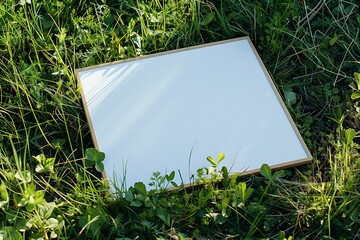 A plain white frame mockup, laying on grass in sunny day.
