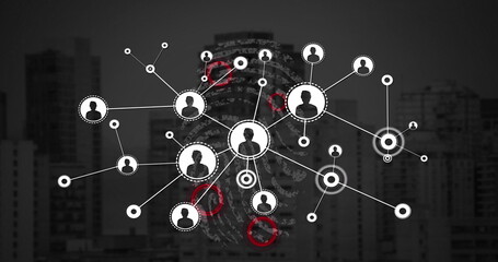 Image of data processing and network of connections over biometric fingerprint