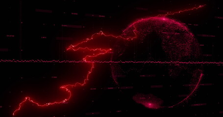 Image of glowing red lightning flashes over red globe and data processing on black background