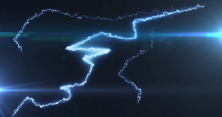 Image of glowing blue lightning flashes and white beam of light on dark background