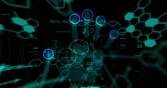 Image of dna strand spinning and data processing over biometric handprint - Powered by Adobe