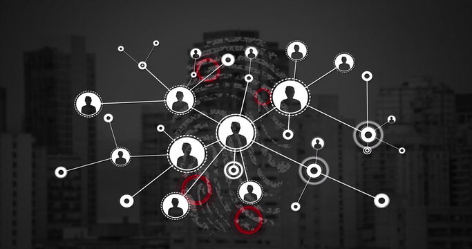Image of data processing and network of connections over biometric fingerprint