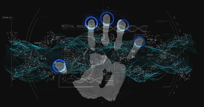 Image of data processing and dna strand spinning over biometric handprint - Powered by Adobe