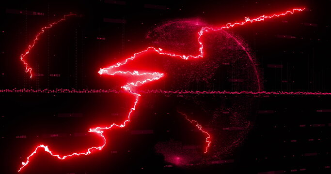 Image of glowing red lightning flashes over red globe and data processing on black background - Powered by Adobe