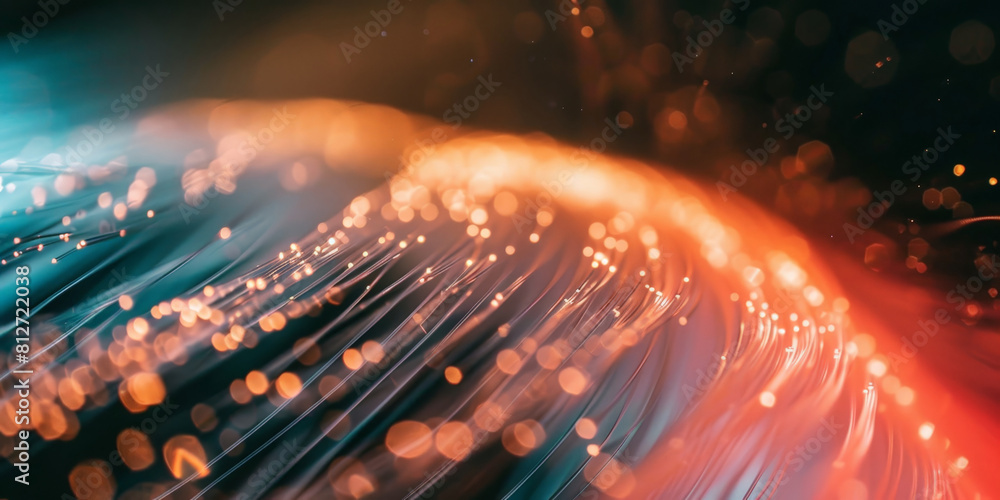 Poster abstract dark blue orange fast moving binary computer data. high speed motion blur, technology, mach