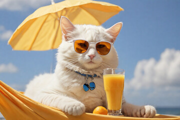 White cat in sunglasses and orange juice on a hammock on the beach - obrazy, fototapety, plakaty
