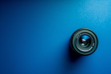 Top view of a photographic camera lens isolated on a vibrant blue background