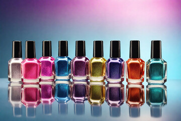 Group of nail polishes on colorful background. Nail polish bottles. - obrazy, fototapety, plakaty