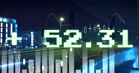 Image of financial data processing over cityscape