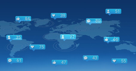Image of social media text and data processing over world map