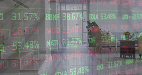 Image of financial data processing over interiors