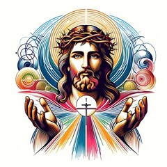 A colorful drawing of a jesus christ with his hands up lively used for printing card design illustrator.