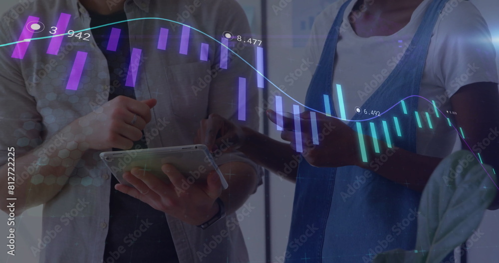 Poster image of graph with changing numbers over diverse hands of colleagues using tablet in office