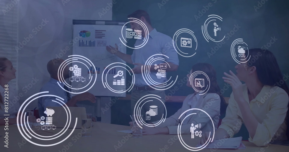 Poster image of icon in loading circles, diverse man explaining reports to coworkers on whiteboard