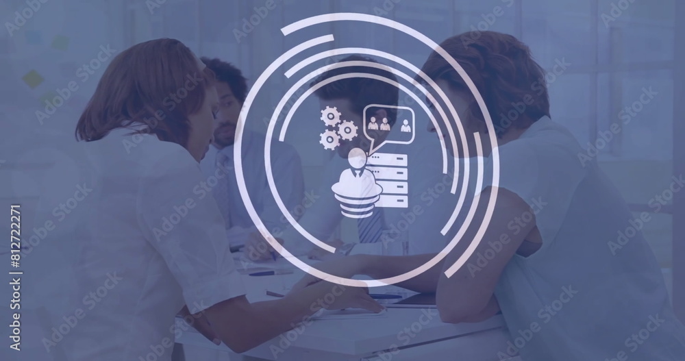 Poster image of icon in loading circles over diverse coworkers discussing reports in office