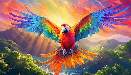 Parrot The colorful parrot spreads its vibrant wings, a rainbow in flight, a wondrous thing.