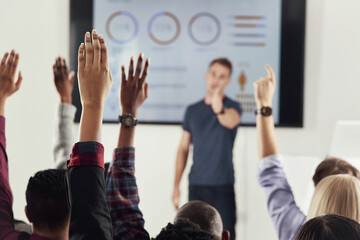 Business, presentation or crowd hands with questions, learning or workshop, coaching and employee...