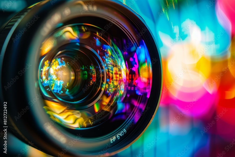 Poster close-up of a camera lens, capturing colorful bokeh lights creating an abstract background