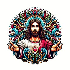 A colorful illustration of a jesus christ with his arms out lively used for printing card design illustrator.