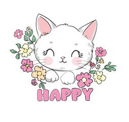 Hand drawn cute cat and flowers kids print vector illustration