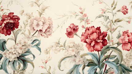 carnations and snowdrop flowers with antique Chintz style wallpaper background poster decorative painting